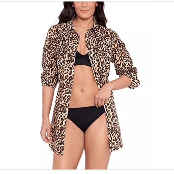 NWT Lauren Ralph Lauren Women S Leopard Printed Oversize Camp Shirt Large - Picture 1 of 4